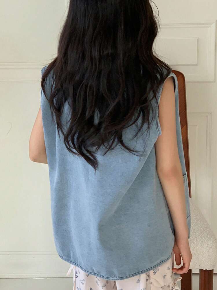 Tween Girl Floral Embroidered V-Neck Single-Breasted Denim Vest Summer