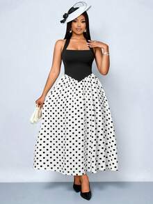 SOLERSUN Plus Size Women's Dresses, Sexy And Elegant, Suitable For Commuting, Vacations, Beach Parties, Valentine's Day, Spring/Summer, Retro Chic, Minimalism, AU Girly Au Beachweekend Black And White Color-Blocked Halter Neck, Polka Dot Faux Linen Fabric - Black - View 1