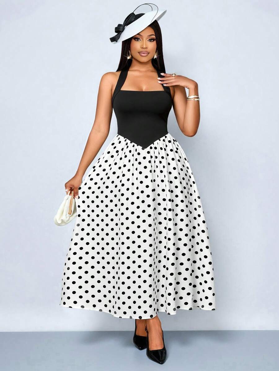 SOLERSUN Plus Size Women's Dresses, Sexy And Elegant, Suitable For Commuting, Vacations, Beach Parties, Valentine's Day, Spring/Summer, Retro Chic, Minimalism, AU Girly Au Beachweekend Black And White Color-Blocked Halter Neck, Polka Dot Faux Linen Fabric - Black - View 1
