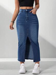 Chân váy denim nữ kiểu dáng thường ngày có túi và xẻ tà bên hông. - Rửa tối - Xem 5