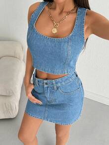 SHEIN Woman Denim Two Pieces Set Mini Skirt And Top - Medium Wash - View 3