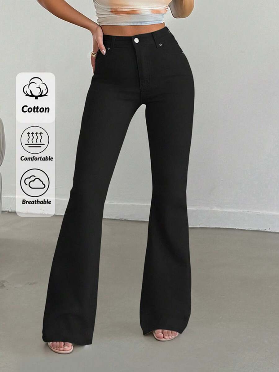 SHEIN Women's Casual Daily Solid Color Versatile Flared Jeans With Slant Pockets, Tall Women - Black - View 1