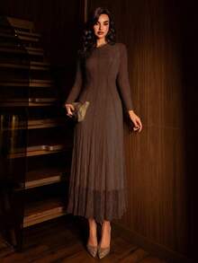 Modelyn Apricot Women's Lace Design Flared Elegant Dress, Suitable For Going Out, Dates, Parties, Mid-Length - Coffee - View 3