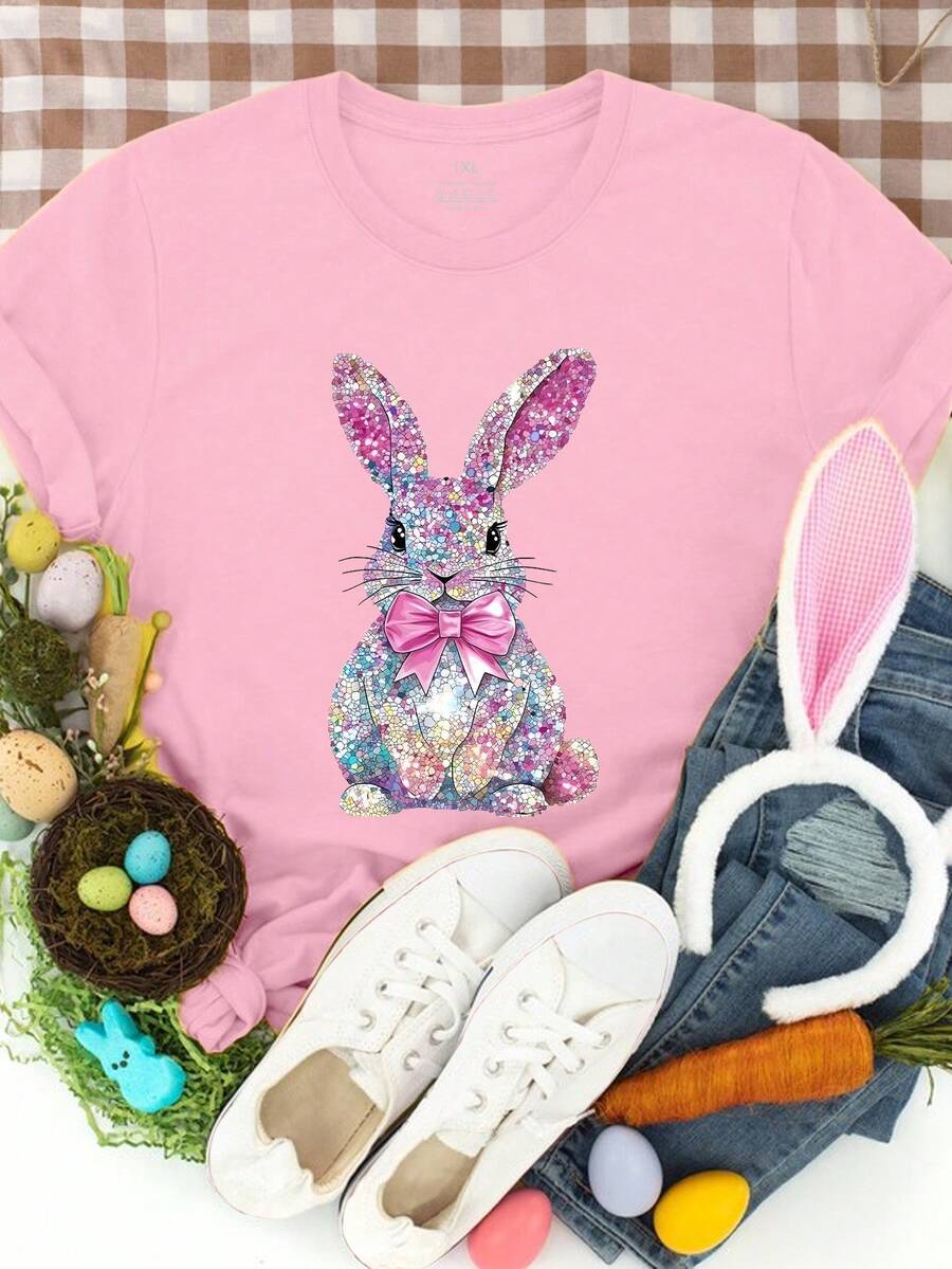 EMERY ROSE Plus Size Women's Sequin Easter Bunny Graphic Tees Short Sleeve Easter T-Shirt Print Design Women Tops - Pink - View 1