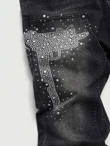 ROMWE MEN Anime Men's Casual Rhinestone Embellished Flared Jeans - Black - View 7