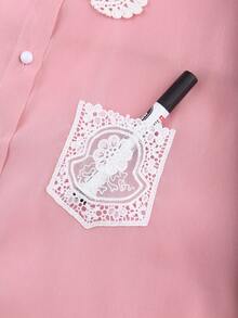 Franclia 大码女式镂空刺绣蕾丝领优雅复古甜美上衣，蕾丝钩编口袋衬衫，春季休闲百搭衬衫，适合日常、约会、度假穿着，粉色可爱衬衫，粉色上衣，卡哇伊蕾丝衬衫，可爱上衣，可爱衬衫，夏季女装，女式上衣，女式上衣和衬衫，漂亮衬衫 - 粉色 - 查看 4