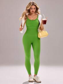Sovereign Charm Seamless Knit Open Back Adjustable Strap Women 3/4 Length Sports Jumpsuit - Hunter Green - View 1