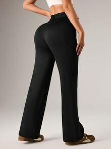 Dewbera Calça Casual Feminina de Cor Sólida com Cordão na Cintura, Versátil - Preto - Visão 2