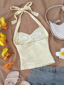SHEIN Tween Girl Casual Daily Fashion Vacation Halter Textured Fabric Yellow Tank Top With Front Center Decor, Tween Girl - Yellow - View 2