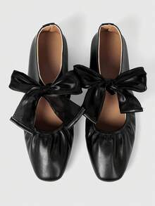 ROMWE Goth Giày bệt nữ trang trí nơ, kiểu dáng thường ngày, đa năng, thời trang. - màu đen - Xem 1