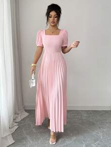 Elenzga Women's Elegant Solid Color Square Neck Pleated Dress - Pink - View 6