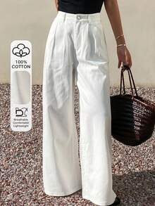 Livesso Women's Casual White Basic Loose Straight Leg Pants, Versatile Business Casual Style For Office Wear, Spring & Summer - White - View 1