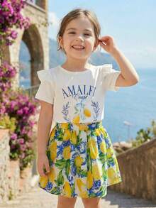 Genkimix Kids 2pcs/Set Young Girls Cute Flare Sleeve Lemon Letter Print T-Shirt + All-Over Lemon Pattern Skirt, Suitable For Daily Outing, Beach, Holiday, Summer - Multicolor - View 4