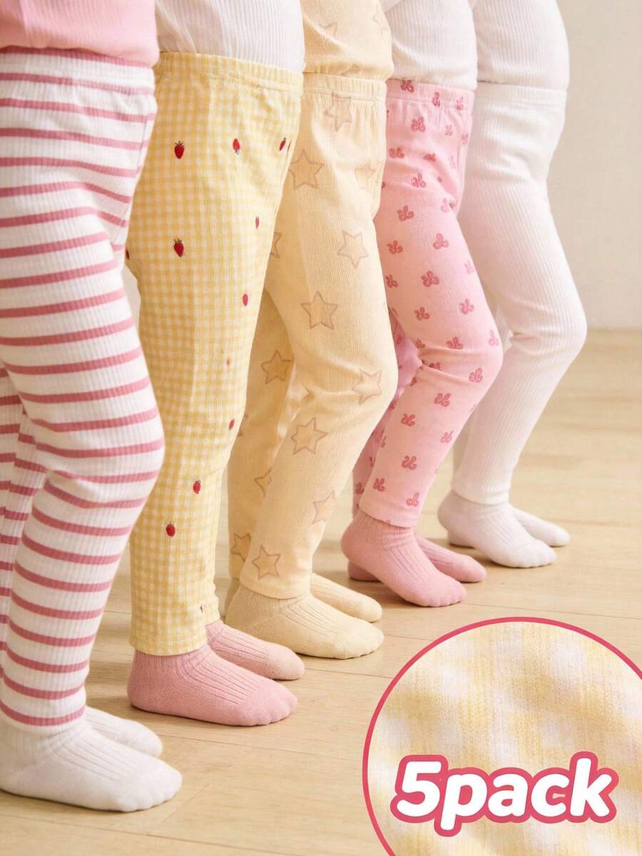 SHEIN 5件套女婴休闲百搭彩色花卉条纹印花裤子，春夏款 - 彩色 - 查看 1