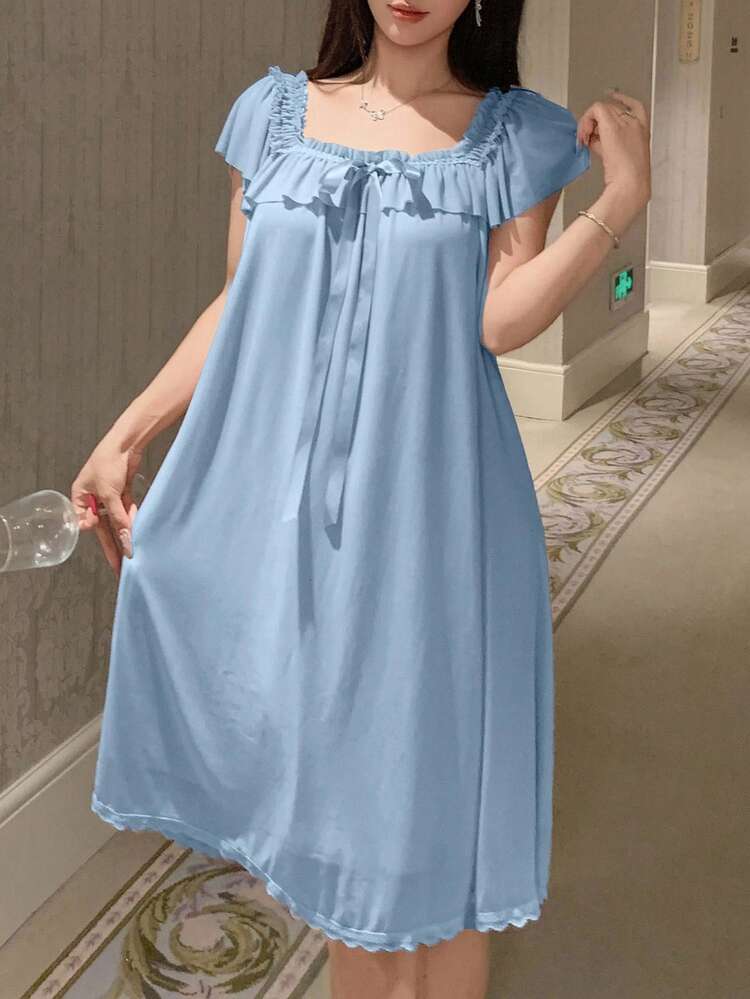 Lightweight Ruffled Mesh Short Sleeve Loose Dress, Suitable For Summer Women Sleepwear