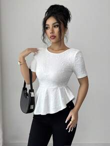 SHEIN Elenzya Elegant Rose Jacquard Satin Bow Tie Waist Irregular Ruffle Hem Women Short Sleeve T-Shirt - White - View 6