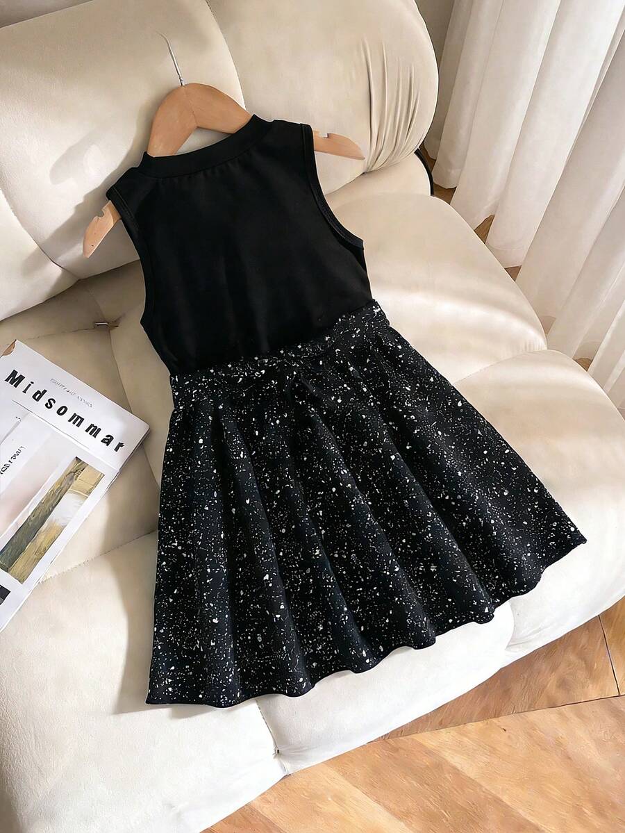 SHEIN Girls Elegant Knitted Dress With Metallic Foil Finish, Fashionable And Graceful, Suitable For Daily Wear, Birthday, School, And Various Gatherings, Spring/Summer - Black - View 1