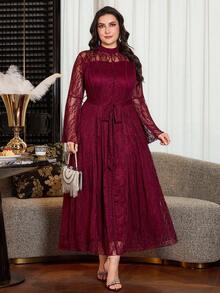 Modelyn Elegant Solid Color Lace Long Sleeve Cinched Waist A-Line Plus Size Dress, Suitable For Spring And Summer Fall - Burgundy - View 4