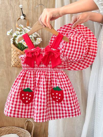 SHEIN Vintaside Kids 2pcs Baby/Toddler Girl Lemon Print Spaghetti Strap Romper Dress With Hat Set, Casual, Comfortable And Cute For Daily Wear, Vacation And Play