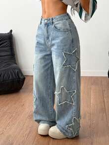 Coolane Quần jeans nữ phong cách thể thao năng động, bụi bặm, họa tiết ngôi sao, bạc màu, kiểu dáng rapper. - Rửa nhẹ - Xem 3