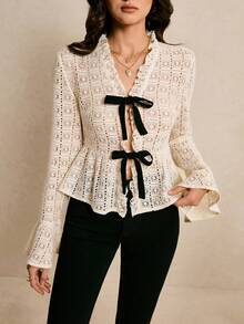 Poéselle 女士时尚优雅系带镂空喇叭袖T恤 - 杏色 - 查看 6