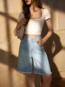 Selenza Women's High Waist Washed Denim Shorts With Pockets, Casual & Minimalist - Blue - View 6