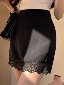 DAZY Women's Fashionable Sexy Contrast Lace Bodycon Mini Skirt, Summer - Black - View 8