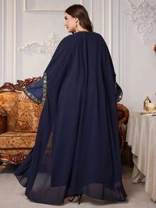 Al Najma Navy Blue Summer Modest Muslim Wedding Al-Adha Abaya Kaftan Jalabiya Dress,Patchwork Ribbon Trim Loose Chiffon Cardigan,Plus Size Women Long Robe - Navy Blue - View 2
