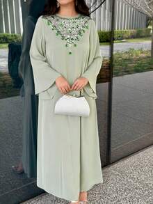 Al Najma Abito da donna elegante con decorazioni in strass, collo rotondo, maniche a campana, stile arabo, autunnale - Verde - Visualizzare 6