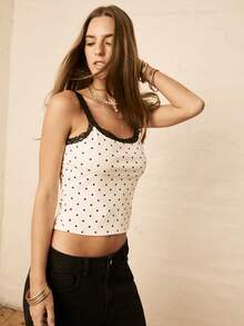 Aralina 女士撞色蕾丝波点印花短款吊带背心 - 黑與白 - 查看 4