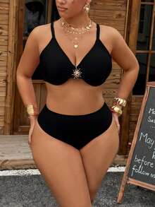 Nuevo conjunto de traje de baño de tiras de espagueti color fucsia para mujer talla, incluye top corto ajustado y Bottom tipo cheeky, estilizador y levantador, adecuado para vacaciones y ocio - Negro - Ver 11