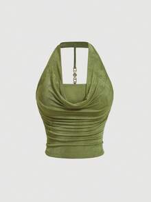 SHEIN MOD Plus Size Green Draped Collar Halter Back Metal Decorative Buckle, Cruise Women,90s,Fall/Winter Women ,Dinner, Birthday Women's, Homecoming - Green - View 3
