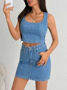 SHEIN Woman Denim Two Pieces Set Mini Skirt And Top - Medium Wash - View 5