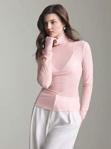 Ontre Women's Baby Pink Sheer Mesh High Neck Long Sleeve Blouse,Autumn Elegant Seksi Chic Night Out Solid Color Tops For Commuting,Business,Office,Party - Pink - View 3