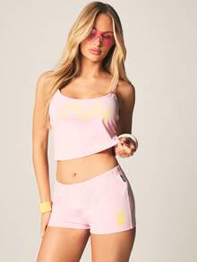 Missguided x Playboy 图案印花吊带背心 无袖上衣 夏季休闲短款修身细肩带基础必备款 - 粉色 - 查看 1