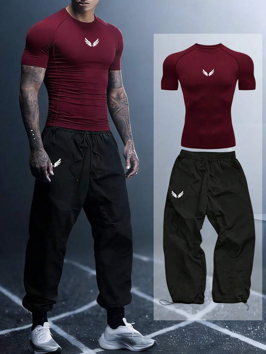 Gym Rark Men's Graphic Print Red Short Sleeve Top And Black Pants Sports Suit, Gym - Black - View 1