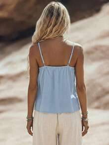 Spaghetti Strap V-Neck Lace Trim Casual Versatile Outerwear Camisole Tank Top For Women - Blue - View 2