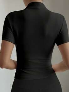 DAZY 女士纯色短袖拉链领修身休闲T恤 夏季 - 黑色 - 查看 2