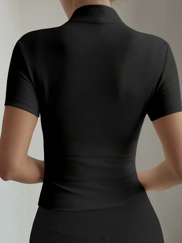 Women's Solid Color Short Sleeve Zip Collar Fitted Casual T-Shirt Summer