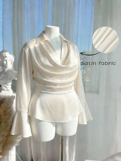 SHEIN MOD Plus Size Women Solid Color Draped Neck Flare Sleeve Ruffle Hem Fashion Blouse,Ivory Satin Blouse Draped Cowl Neck Long Flared Sleeves Peplum Waist Soft Sheen Solid Color Elegant Minimal Silhouette Smooth Fabric Tailored Fit Lightweight Women's Top