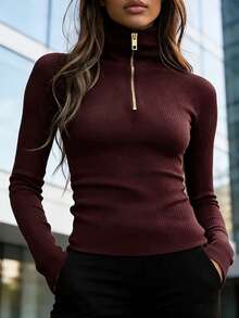 SHEIN 女士秋季简约纯色拉链高领紧身长袖T恤 - 酒紅色 - 查看 3