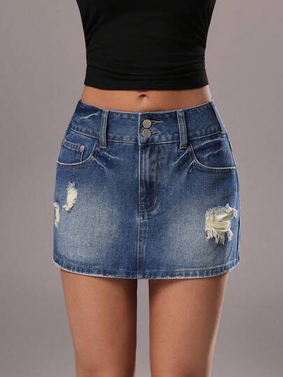 TRNVIE 时尚休闲复古高腰破洞低腰牛仔裙