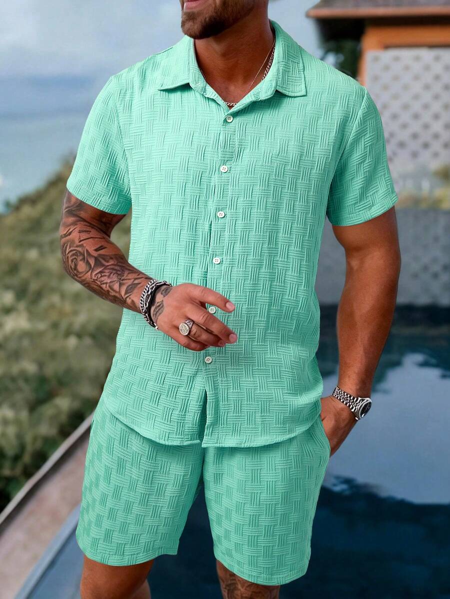 Genlund 男士夏季休闲纯色纹理前扣短袖衬衫和短裤两件套 - 薄荷綠 - 查看 1