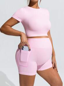 SHEIN Maternity Solid Color Round Neck Short Sleeve T-Shirt And Pocket Shorts Sports Suit,Word Cup - Pink - View 7