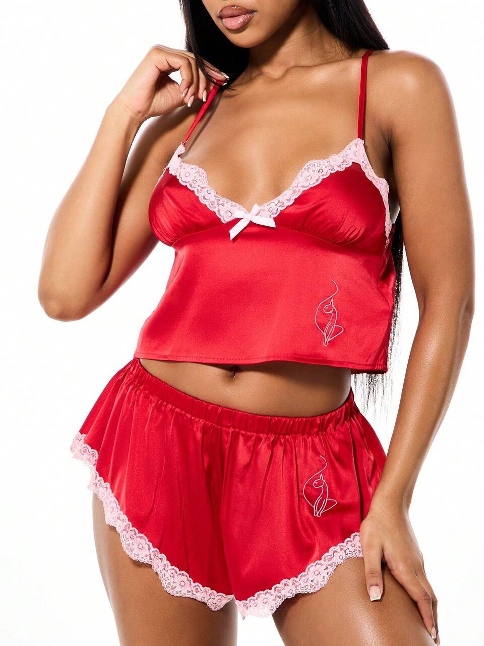 BABYPHAT Canotta di lusso in raso con bordo in pizzo bianco e spalline regolabili, abbigliamento da notte e da casa, adatta per Natale e San Valentino