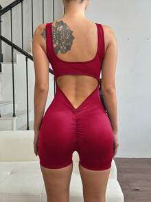 Slayform U领无袖镂空露背夏季修身极简吊带短裤连体裤运动连体衣健身连体衣女士健身连体衣无缝连体衣一体式运动连体衣健身短裤女士瑜伽连体衣运动紧身衣女士运动紧身衣女士运动服塑身紧身衣紧身衣塑身衣女士连体衣套装女士运动服女士两件套女士夏季运动服套装 - 酒紅色 - 查看 6