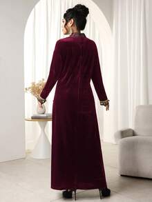 Al Najma Women's Elegant Arabic Style Floral Print Patchwork Long Sleeve Dress - Burgundy - View 6
