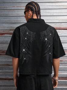 AXEPEAK Men's Washed Top With Rhinestone Wing Pattern, And Fashionable - Dark Grey - View 3