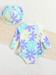 Cute Newborn Baby Swimwear,Long Sleeve Rash Guard Swimsuit With Sun Hat,Macaron Floral Pattern,Zipper Infant Beachwear For Summer,Pool Party,Holiday - Mint Green - View 2