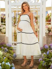 SHEIN Pregnant Women's Contrast Color Ribbon Tie Back Ruffle Hem Camisole Dress - Beige - View 5